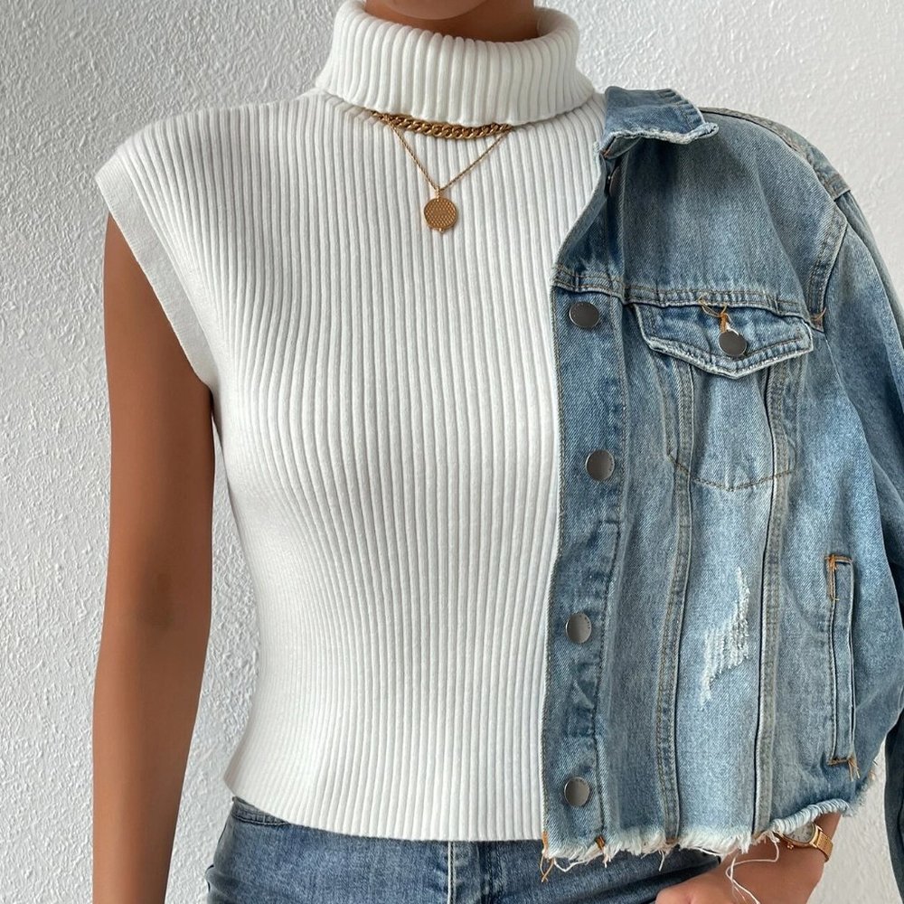 White Boho Womens Turtleneck Ribbed Knit Sweater Vest - Picture 3 of 5